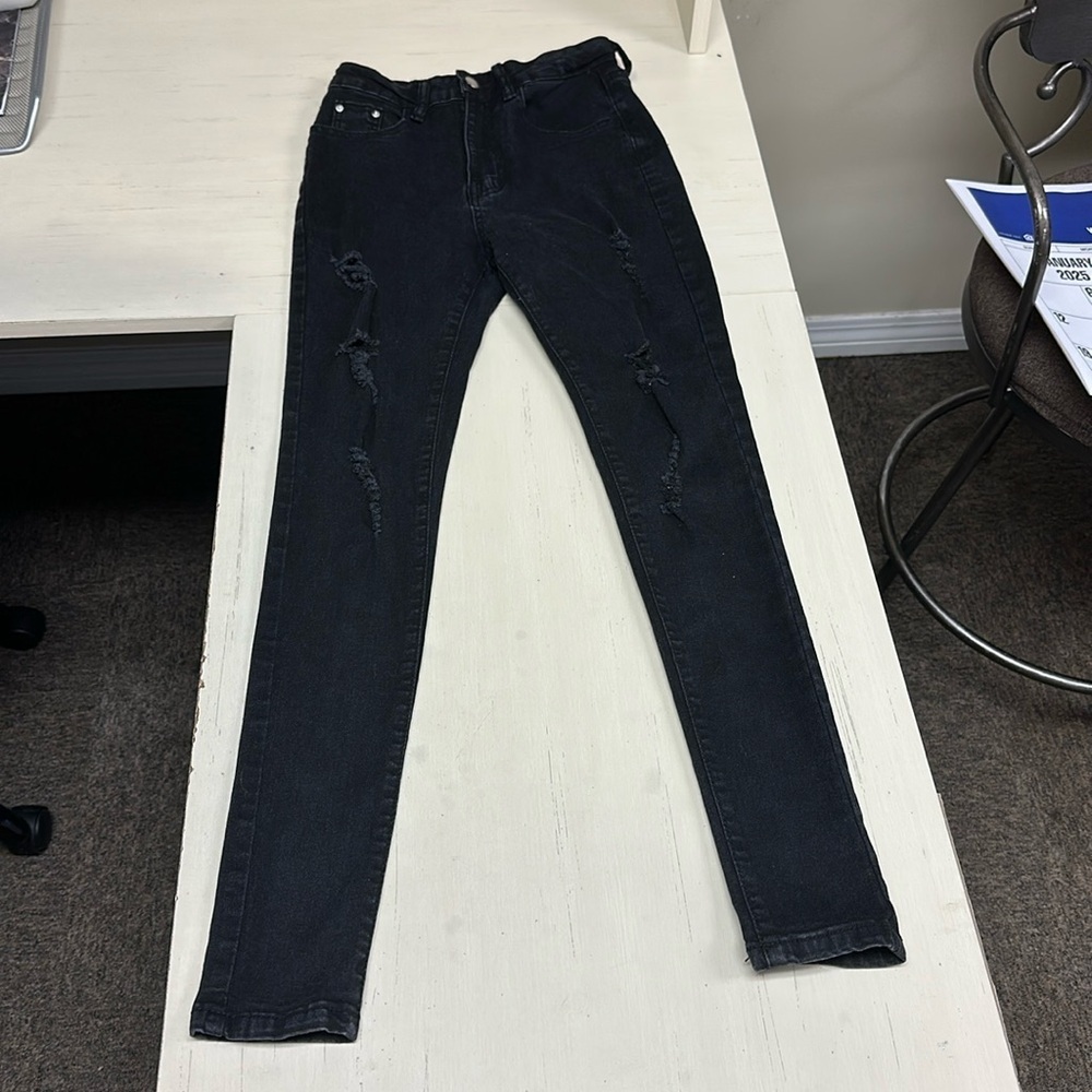 Black Hi Waist Distressed Cut Out Skinny Jeans